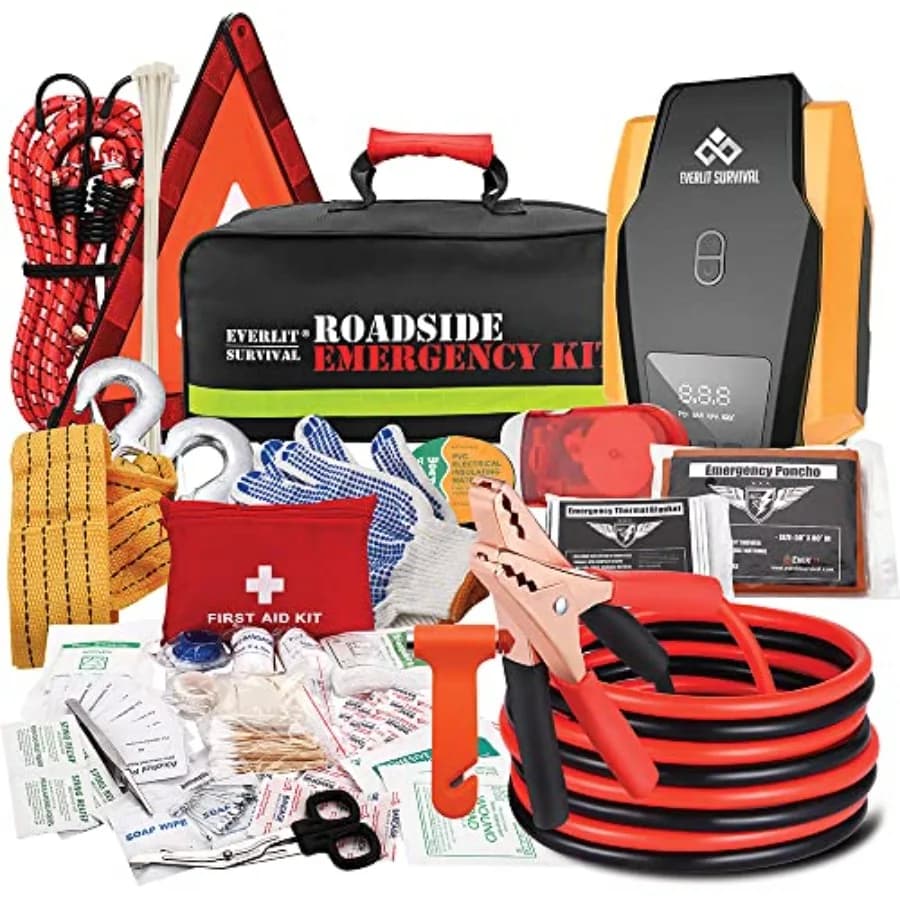 Kit di Emergenza per Auto, Set di Attrezzi di Sicurezza Stradale con Guanti, Compressore d'Aria Digitale per Pneumatici, Kit di Pronto Soccorso, 12 Pezzi