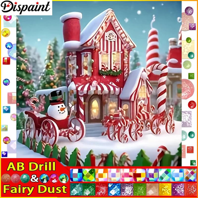 Dispaint Fairy Dust AB 5D Pittura diamante fai da te Punto croce "Paesaggio Pupazzo di neve Casa" Decorazioni per la casa Diamante pieno ricamo