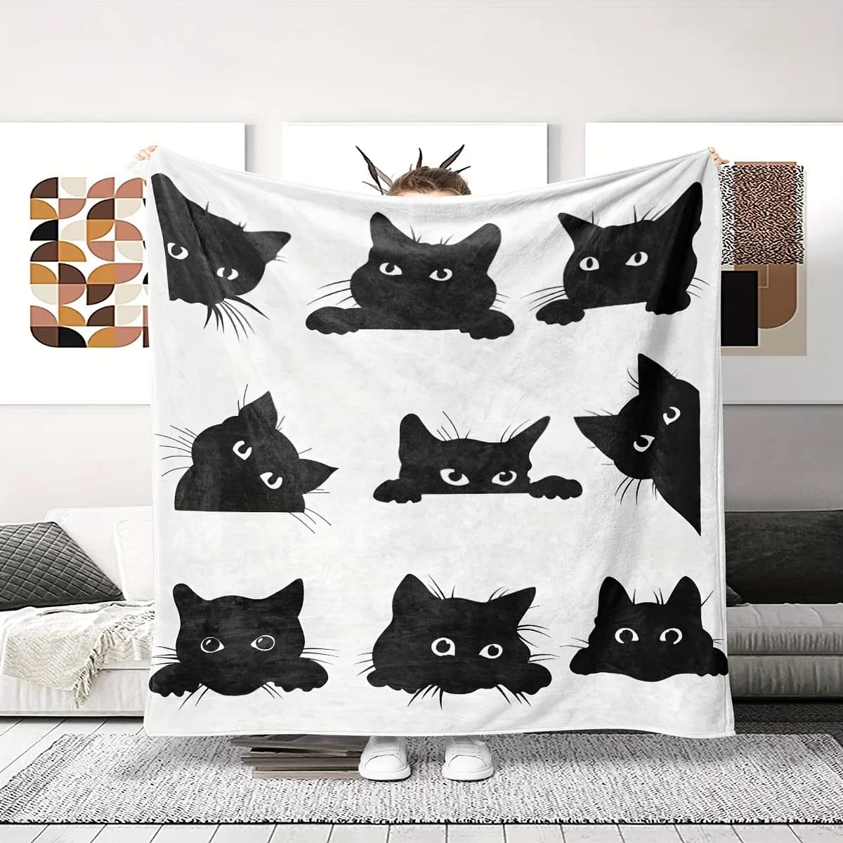 Modello di espressione gatto nero Coperta stampata in flanella adatta a tutte le stagioni adatta per divano da ufficio e viaggi