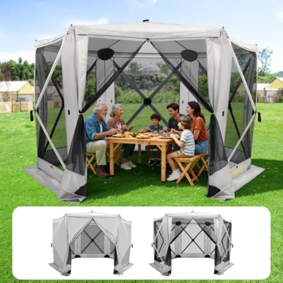 Gazebo a 6 lati con tenda a scomparsa per 6-8 persone, tenda da campeggio con finestre in rete, resistente ai raggi UV, montaggio rapido, tetto pieghevole.