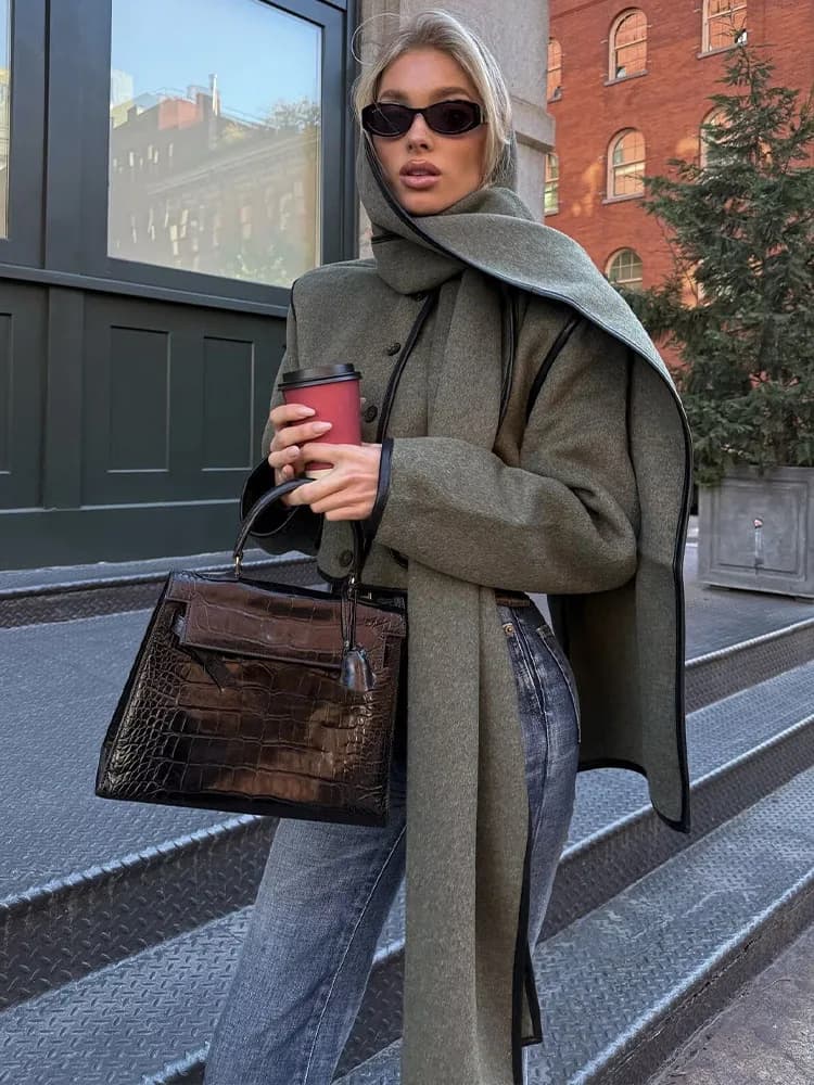 HH Women New Fashion Versatile Imitation Leather Scarf Short Coat Female Simple Casual Single-breasted Pocket Long Sleeve Jacket
