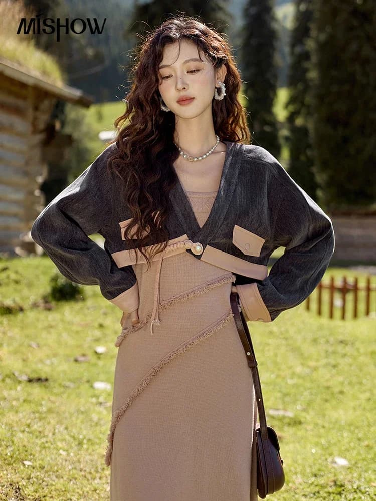 MISHOW Cappotto in ciniglia Abito con cinturino lavorato a maglia Separatamente Autunno Blocco colore Tasca finta Top Collo quadrato Abiti con nappe MXD43L2041