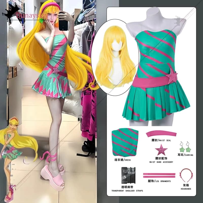 Anime Stella Costume Cosplay Fata Party Abito a fascia verde Abiti da donna Gioco di ruolo di Halloween Parrucca Scarpe Vestito Abiti da travestimento