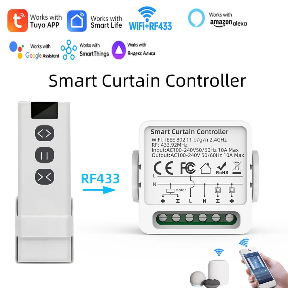 Interruttore WiFi Tuya Smart per Tende e Tapparelle con Telecomando RF433MHz, Compatibile con App Smart Life, Google Home e Alexa