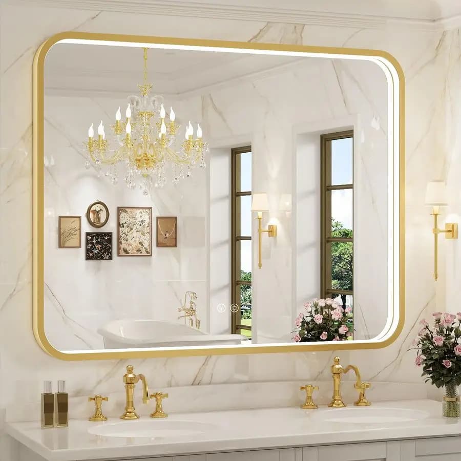 Specchio da Bagno LED con Cornice, Specchio da Parete in Metallo Dorato con Luci, Specchio Antiappannamento Illuminato Dimmerabile