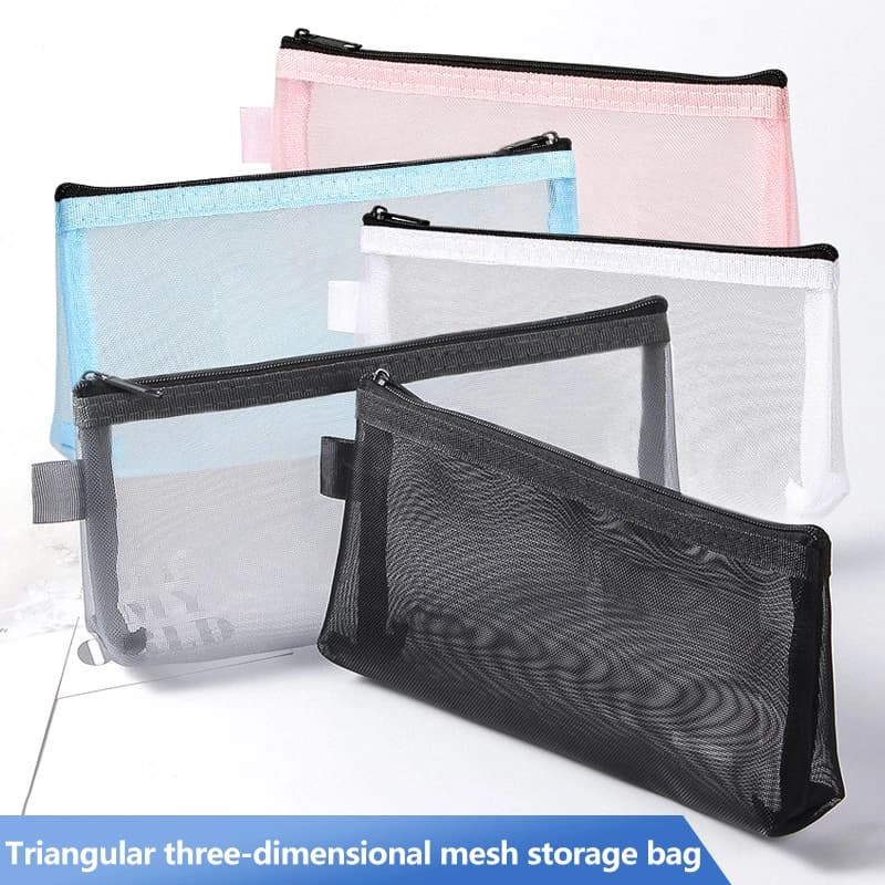 1Pc Clear Mesh Pencil Case Stereoscopic Zipper Pouch Office Student Supplies Pen Box Bill Storage Bag Travel Luggage Accessories