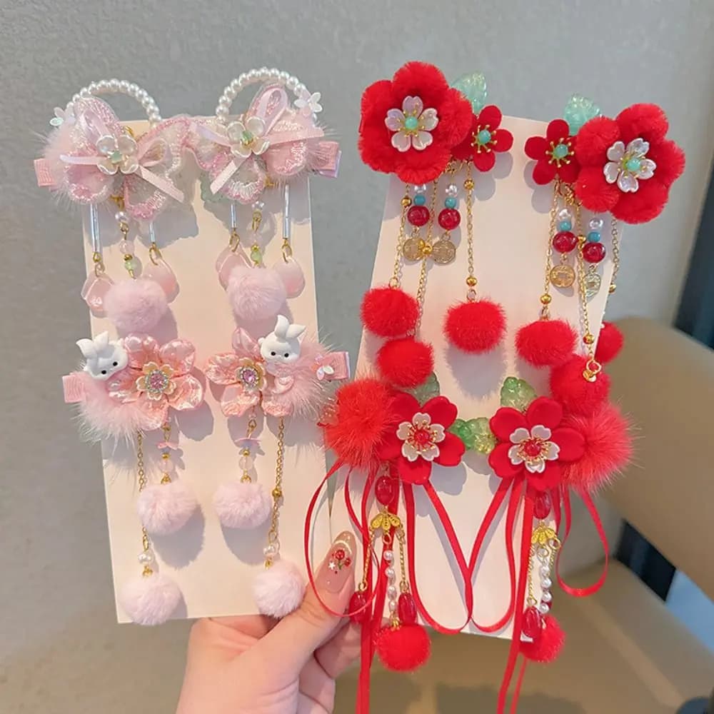 Hanfu Headwear Children's New Year Hairpin Tang Suit Cute Chinese Style Red Barrettes Rabbit Ear Sweet Ancient Style Hair Clip