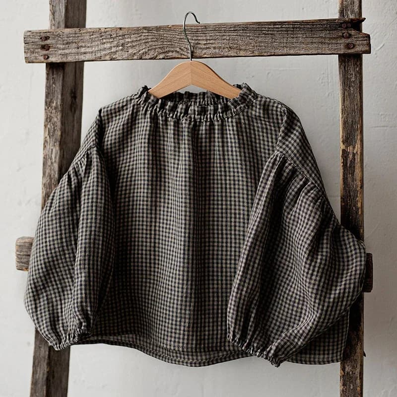 Camicia Vintage a Quadretti Bianca e Nera per Ragazze, Nuova Collezione Primavera 2026, Stile Rustico, Blusa in Cotone con Collo Rotondo e Maniche a Lanterna per Bambine