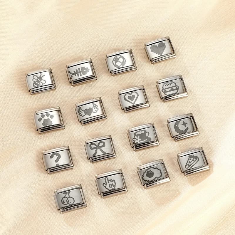 Laser Engraving Heart Bow Bee Moon Cherry Cat Paw Italian Charm Link Fit 9mm Stainless Steel Bangle Making DIY Jewelry Wholesale