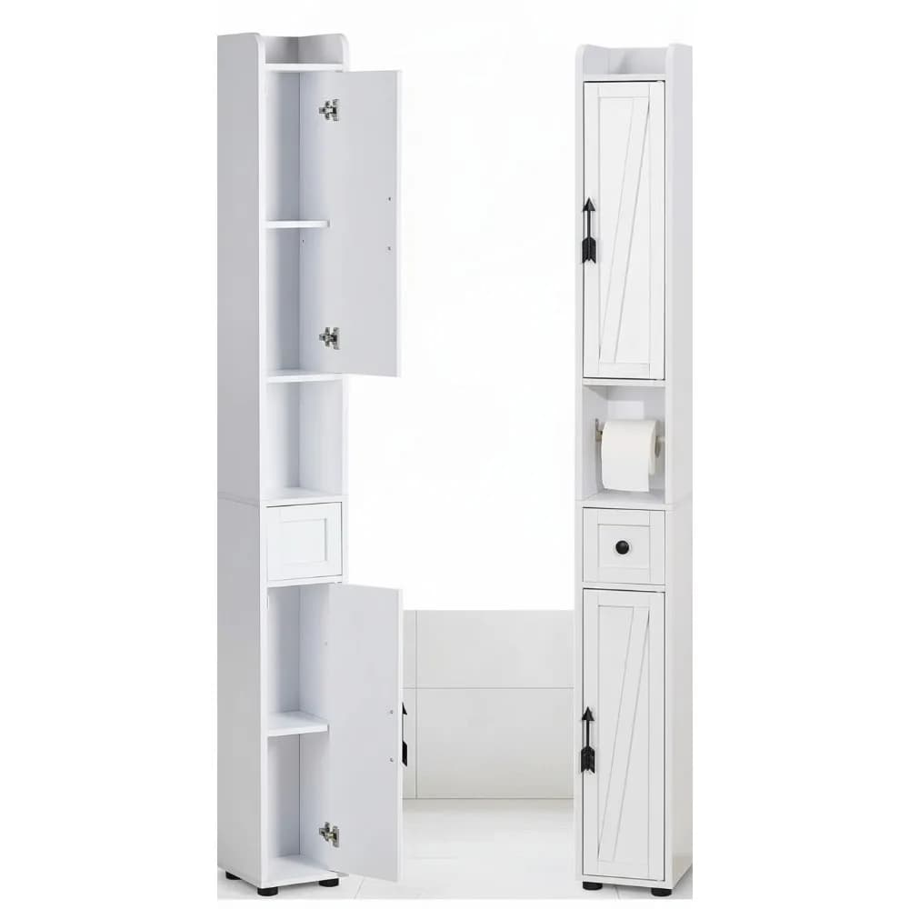 Mobiletto da bagno alto e stretto da 67 pollici con ripiani regolabili, porta carta igienica e cassetto per piccoli spazi, bianco perla