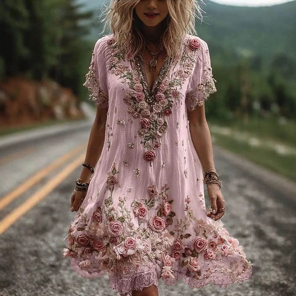 Women's V-neck Floral Print Loose Short Sleeve Midi Dress Lace Trim Independent Station Cross-Border Polyester Casual Dress