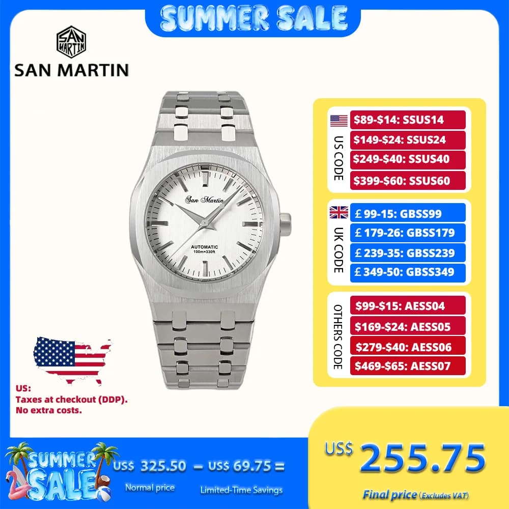 San Martin Oak 38,5 mm Miyota 9015 quadrante argento orologio meccanico per uomo carica automatica braccialetto di zaffiro di lusso 10Bar Sport SN0013