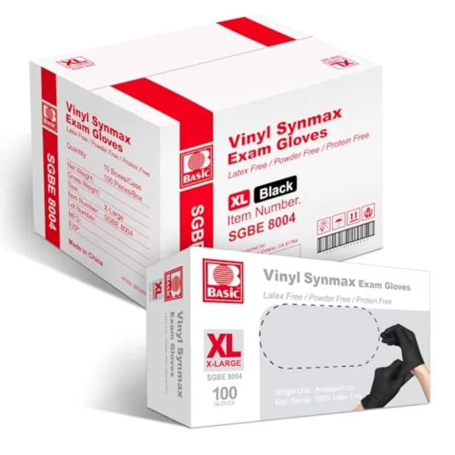 Guanti Monouso in Vinile Synmax per Esami - 4 mil Saf Glove 000 pezzi - Senza Lattice e Senza Dermosintetici - SGBE 8004 X-Large Confezione da 000 Neri