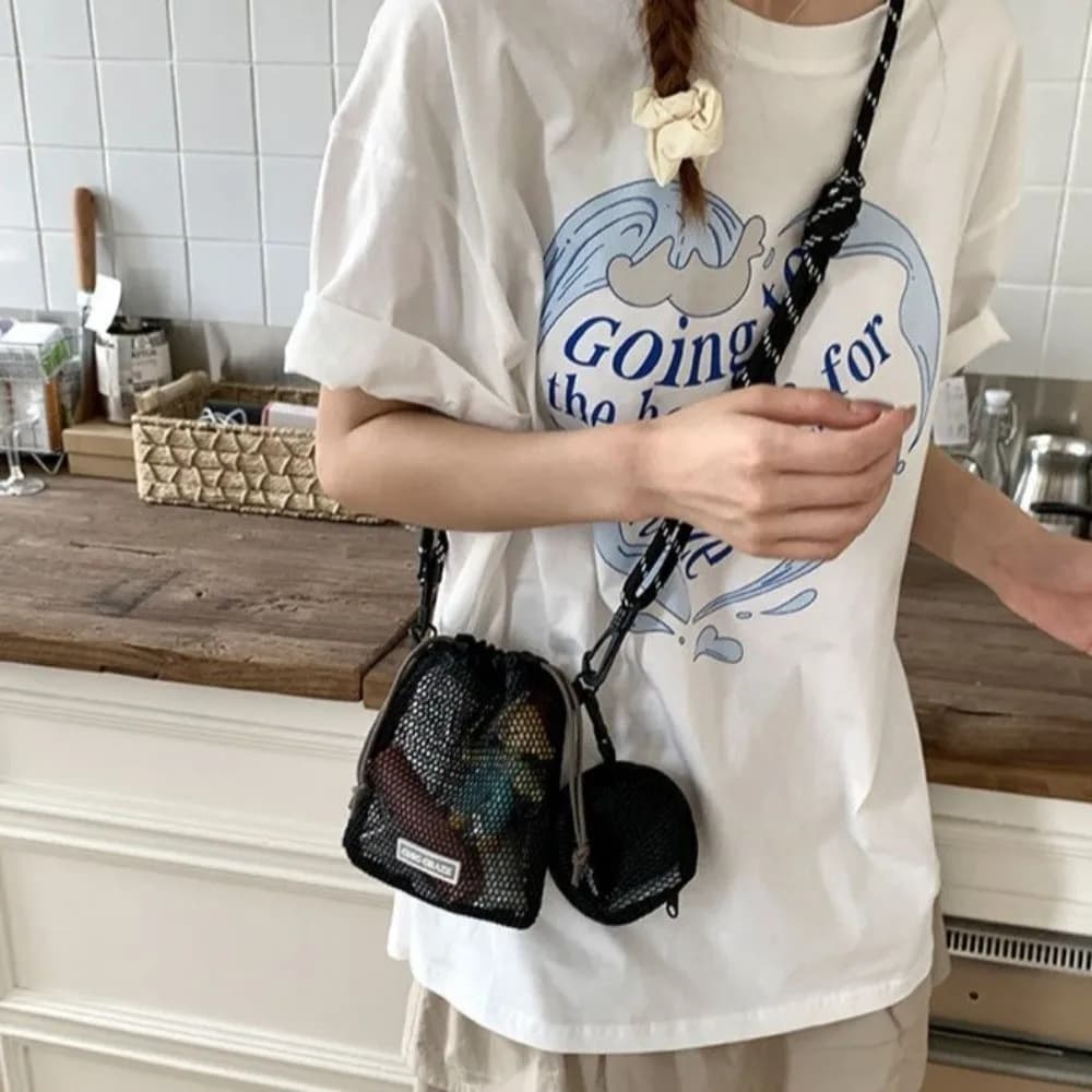 Borsa a tracolla in nylon a rete con coulisse, stile coreano, con portafoglio e porta telefono, per l'ufficio
