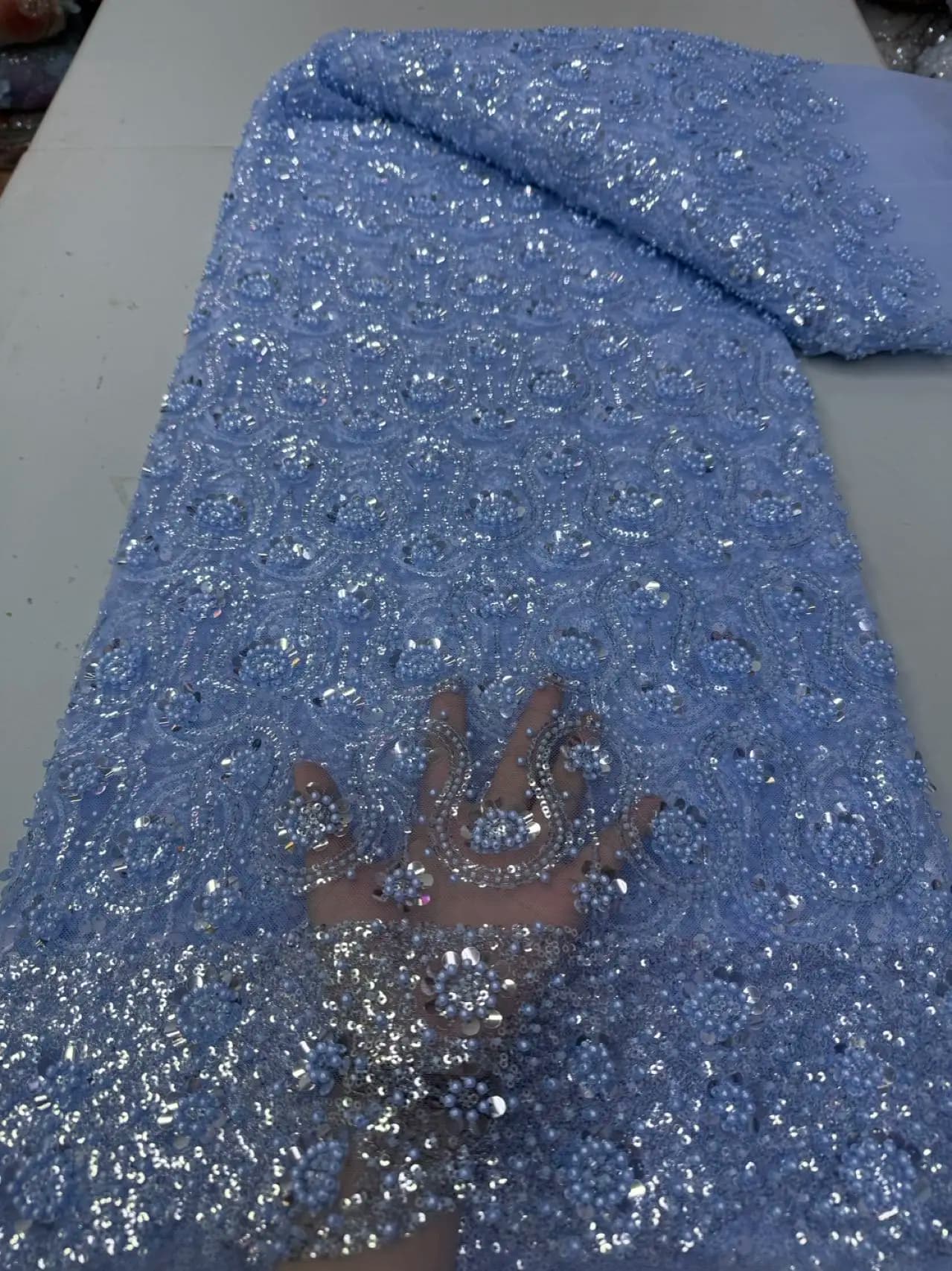 Latest 2026 High Quality African Nigerian With Tulle Sewing Lace Fabric Guipure Embroidery Beads Dresses Sequins 5Yards DP0533