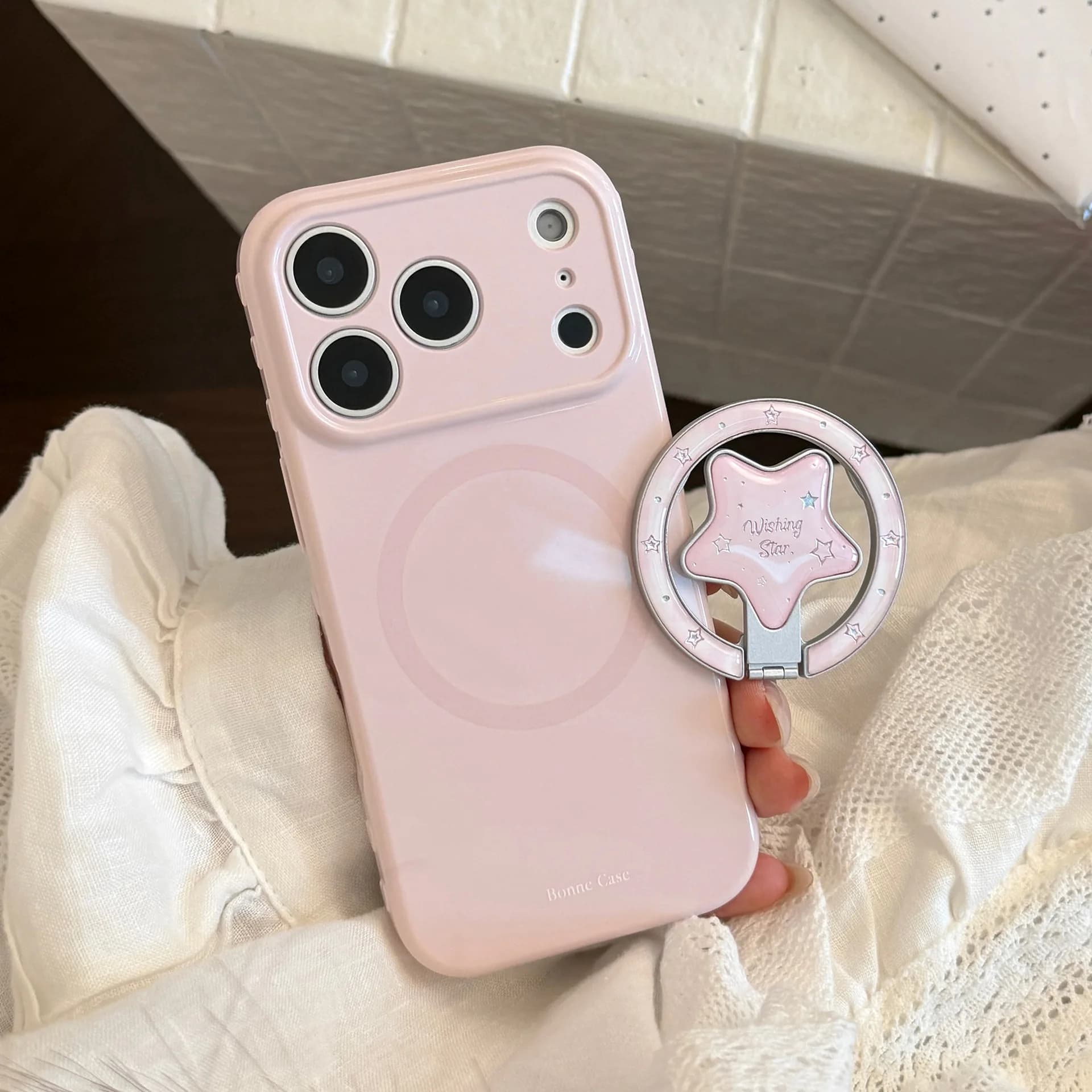 Korean Fold Pink Stars Magnetic Bracket Phone Case For iPhone 17 16 15 13 14 12 Pro Max Wireless Charging Shockproof Soft Cover