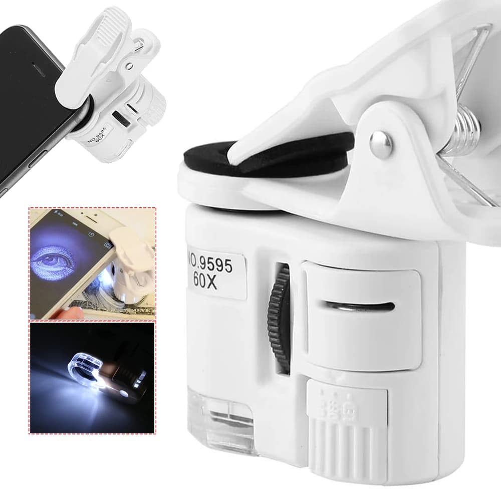 Lente d'Ingrandimento Tascabile 60X per Gioielli, Microscopio per Cellulare con LED, Lente con Clip e Rilevatore UV per Valuta