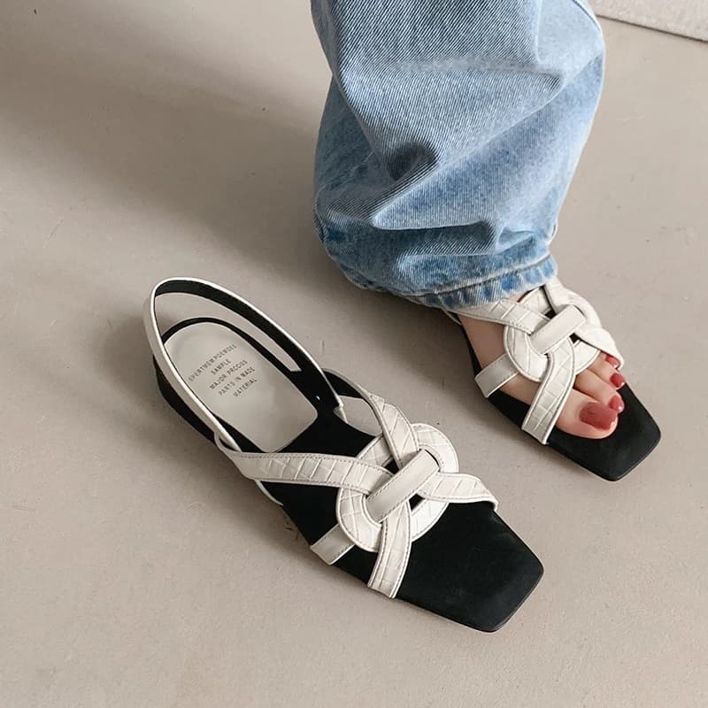 NEW Summer Women Sandals Genuine Leather Shoes for Women Square Toe Low Heel Shoes Narrow Band Slip-on Shoes Solid Weave Sandals