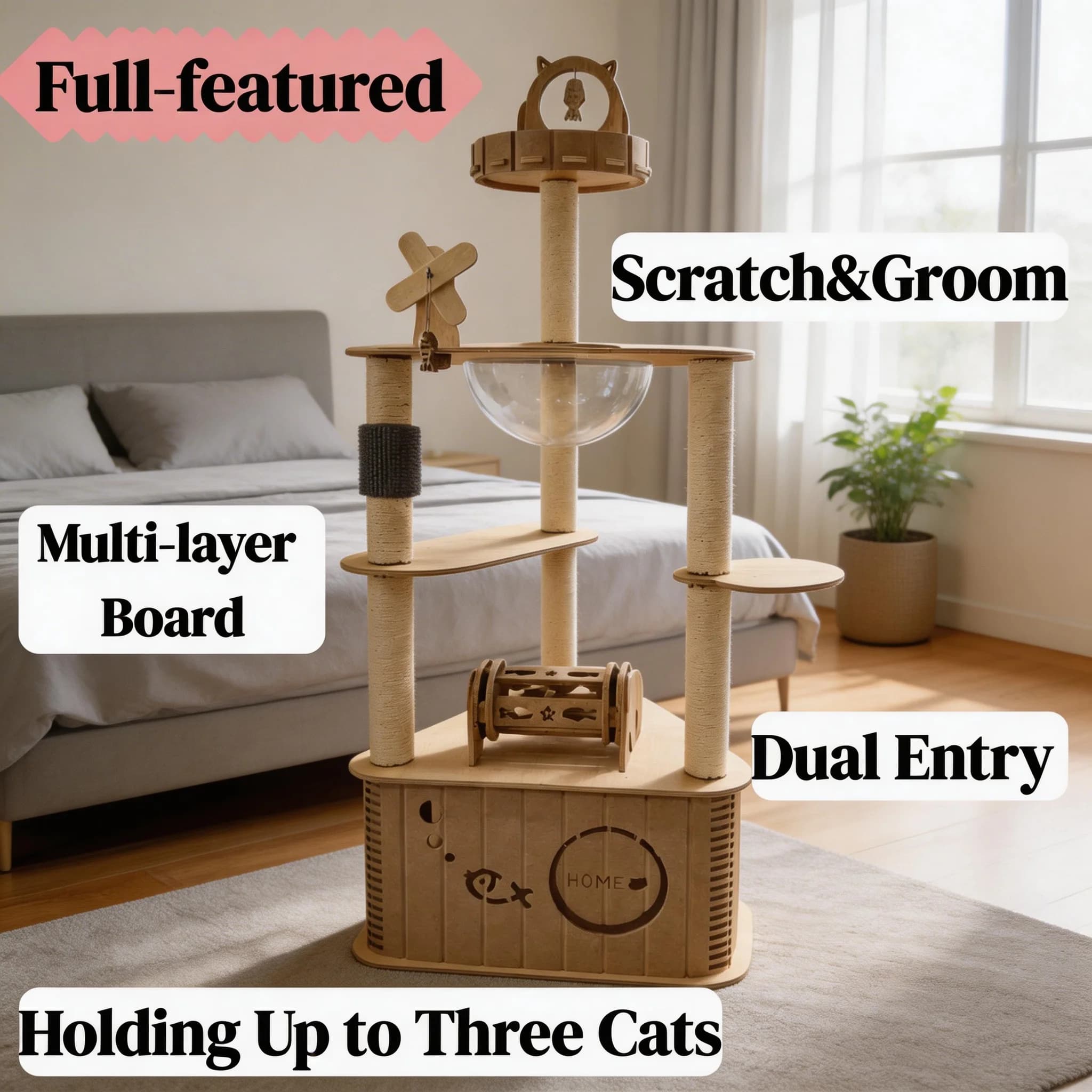 Custom Cat Tree Modern Full-Featured Sisal Rope Durable Groomer Multi-Layer Board Cat House Space Capsule Multi-Level 133cm Cat