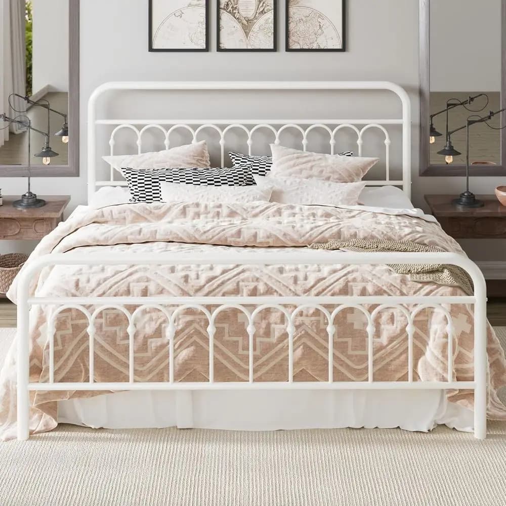 Letto matrimoniale King Size in metallo con pediera curva in ferro, facile da montare, con spazio contenitore, non richiede rete a molle, bianco crema