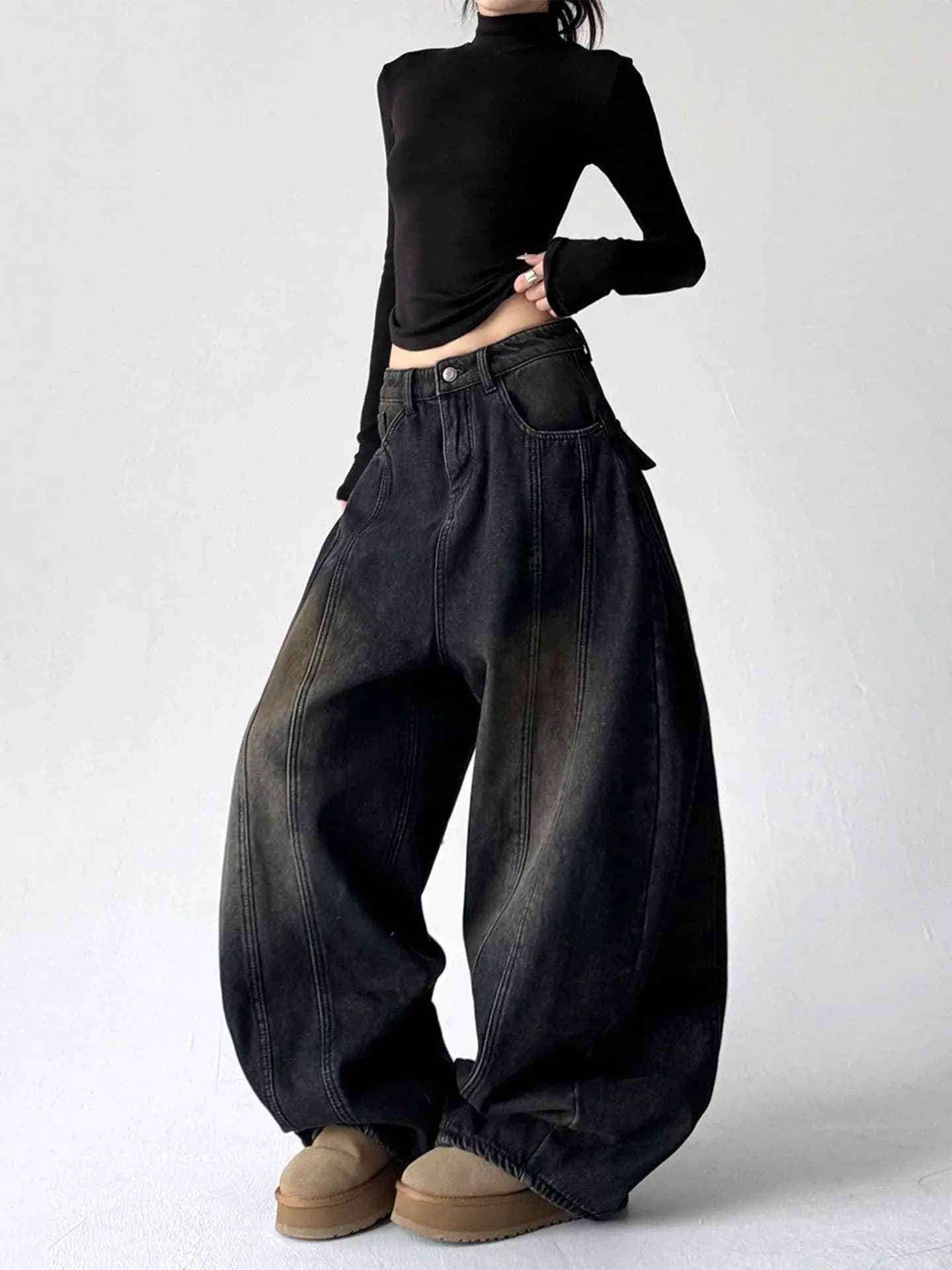 Jeans a Vita Alta e Gamba Larga da Donna, Moda Estiva, Denim Lavato Drappeggiato, Pantaloni Neri a Taglio Dritto, Abbigliamento Casual