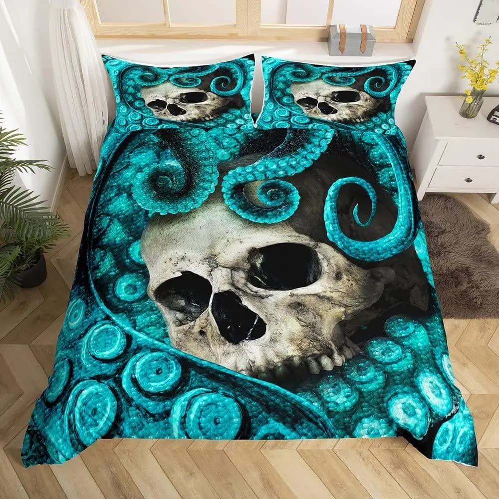 Set copripiumino con stampa 3D con teschio di polpo, trapunta in cotone blu con 2 federe per cuscini, biancheria da letto decorativa horror di lusso