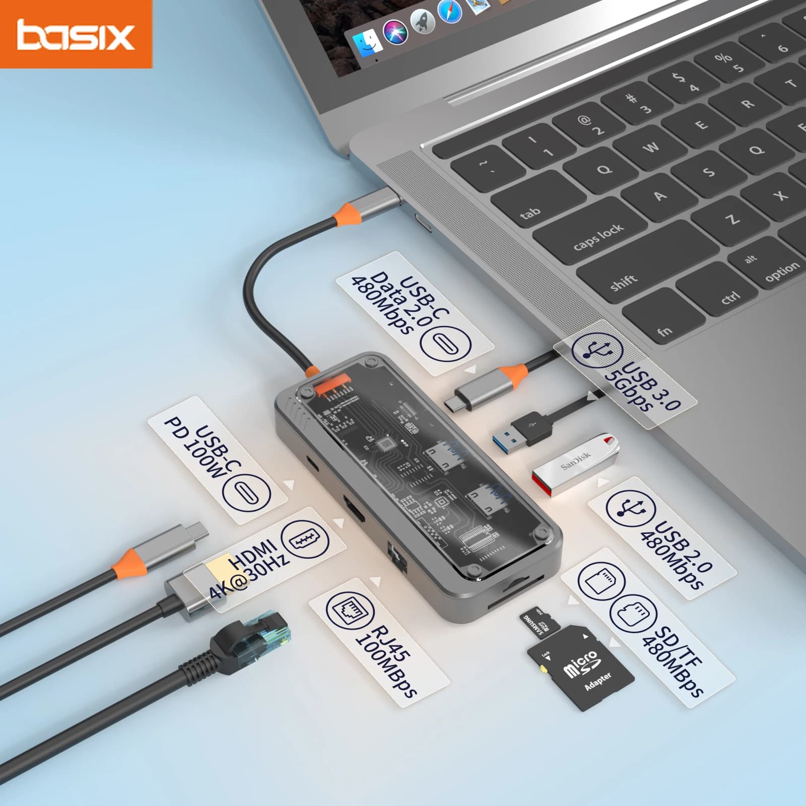 Hub USB C 8in1 Tipo C a porta Ethernet Adattatore PD 100W per MacBook Pro Hub USB 3.0 Laptop Tablet Docking station hub USB C