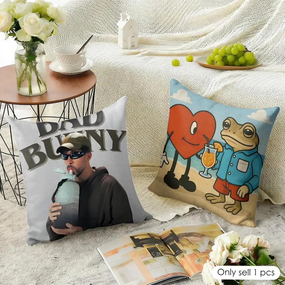 Singer B-Bad B-Bunny Cushion Cover Natural Linen Organic Fabric Double-Sided Printing Sofa Home Decor Gift Pillow Case