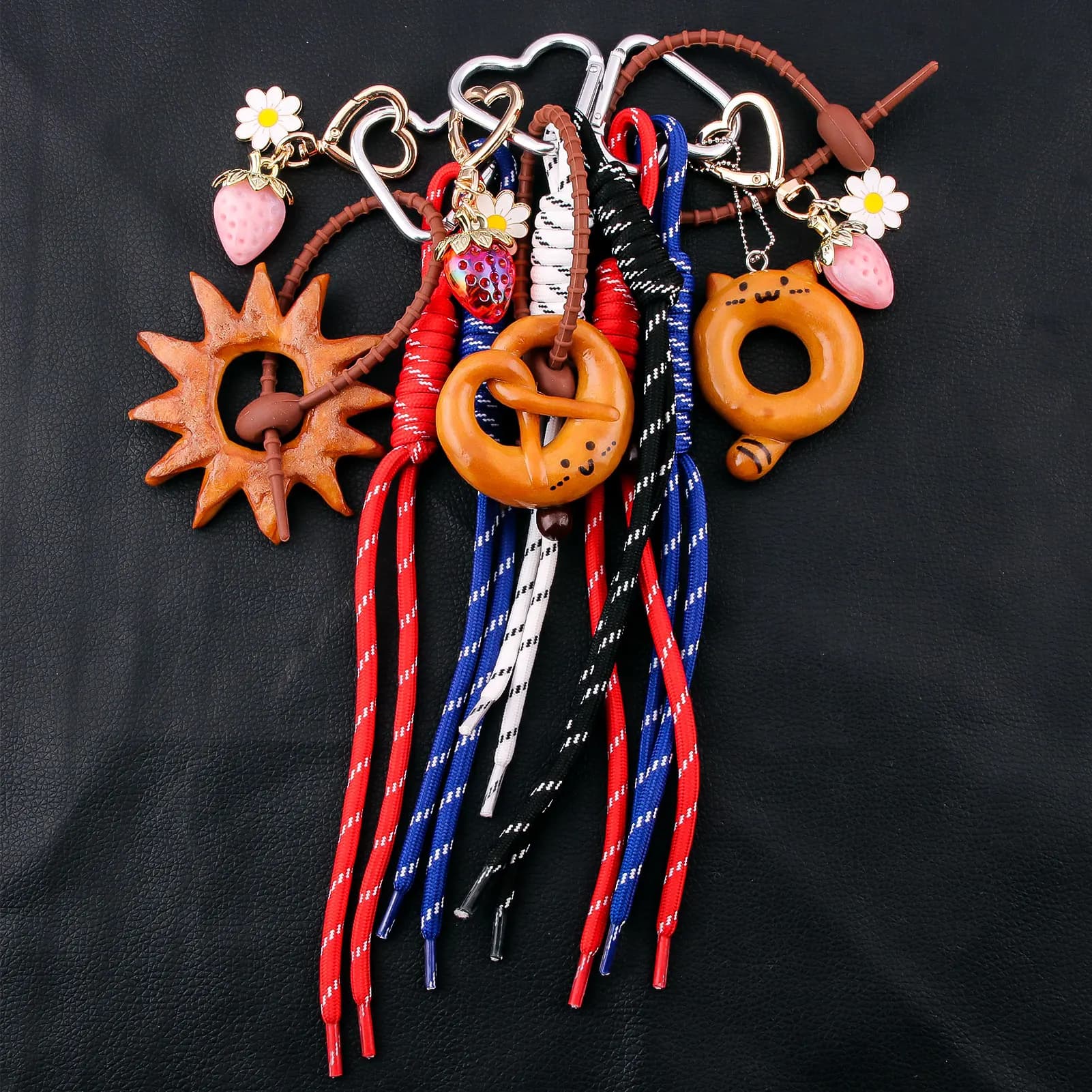 All Seasons Cute Alkaline Bread Bag Charms Girl Korean INS Strawberry Flowers Bag Pendant Climbing Rope Keychain Decorative Gift