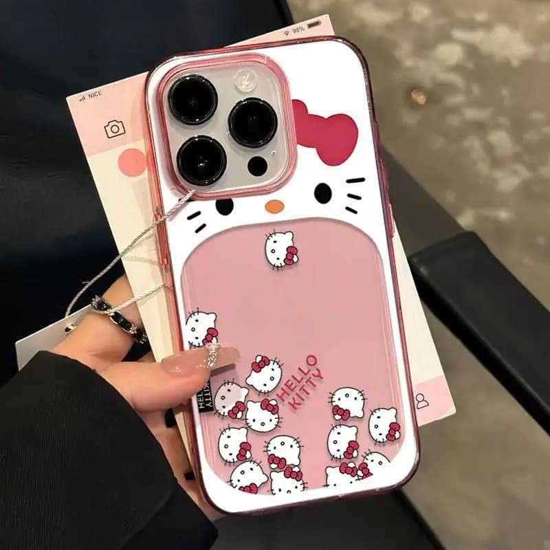 Custodia Trasparente per Telefono con Gatto a Bocca Grande Sanrio HelloKitty Kuromi per iPhone 17PM 16 14 13 12, Alta Definizione, Regali Anime Kawaii