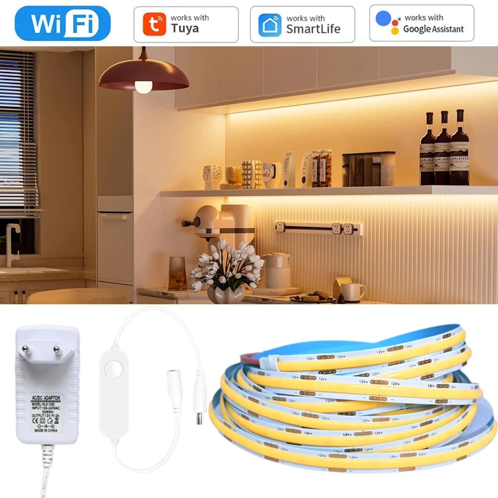 Tuya WiFi COB LED Strip 12V 1m 2m 3m 4m 5m Warm White Natural Dimmable Flexible Cabinet Bed Room Light Decor For Alexa Google