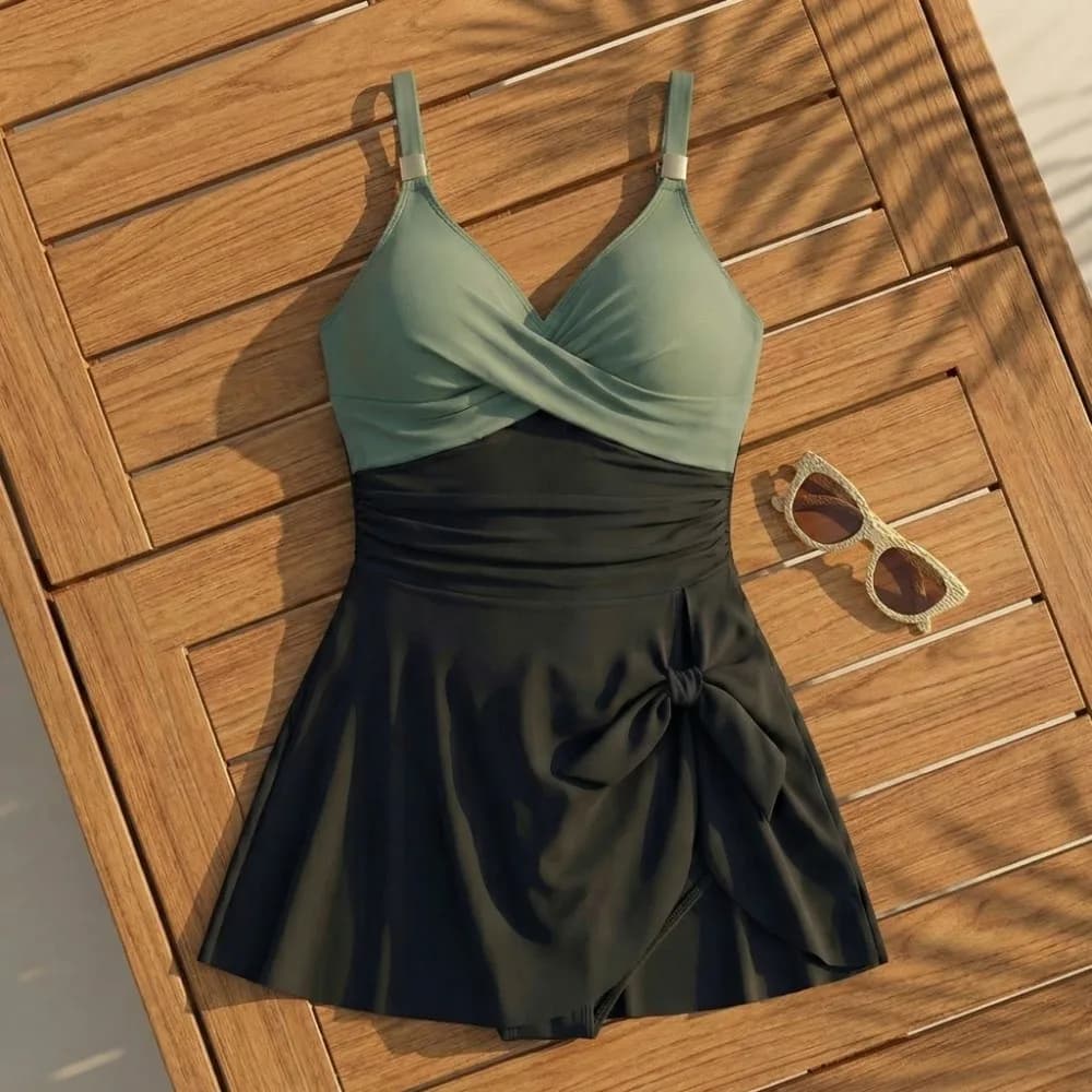 Costume da bagno da donna Sweet Slim Fit con gonna a pieghe e scollo a V, senza maniche, per la spiaggia, abbigliamento estivo