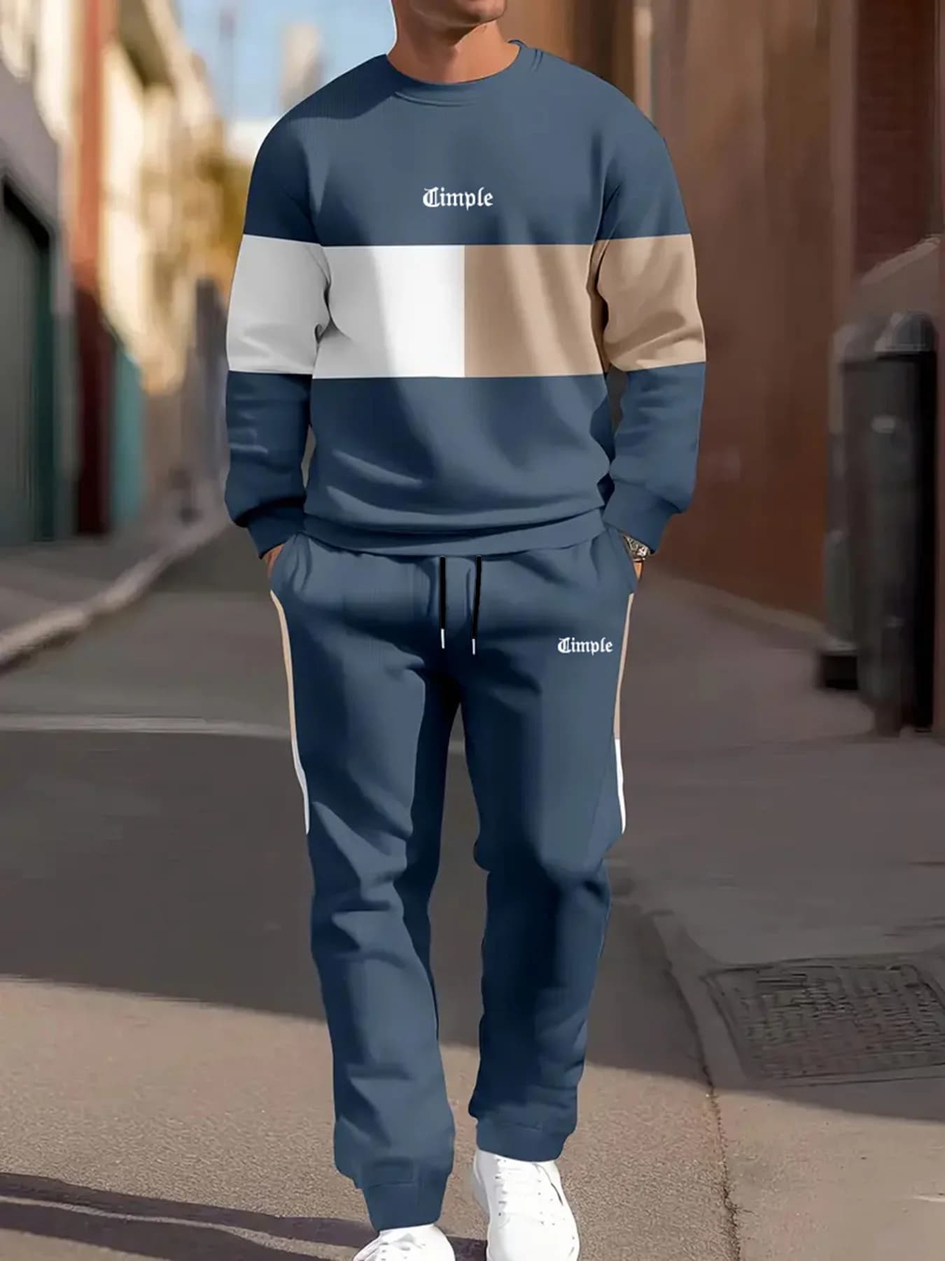 Men's Casual Two-Piece Set, Navy Blue, White, and Brown Color-Blocked Crewneck Sweatshirt and Jogger Sweatpants, Loose Fit for Spring and Autumn, Suitable for Sports, Commuting, and Everyday Wear