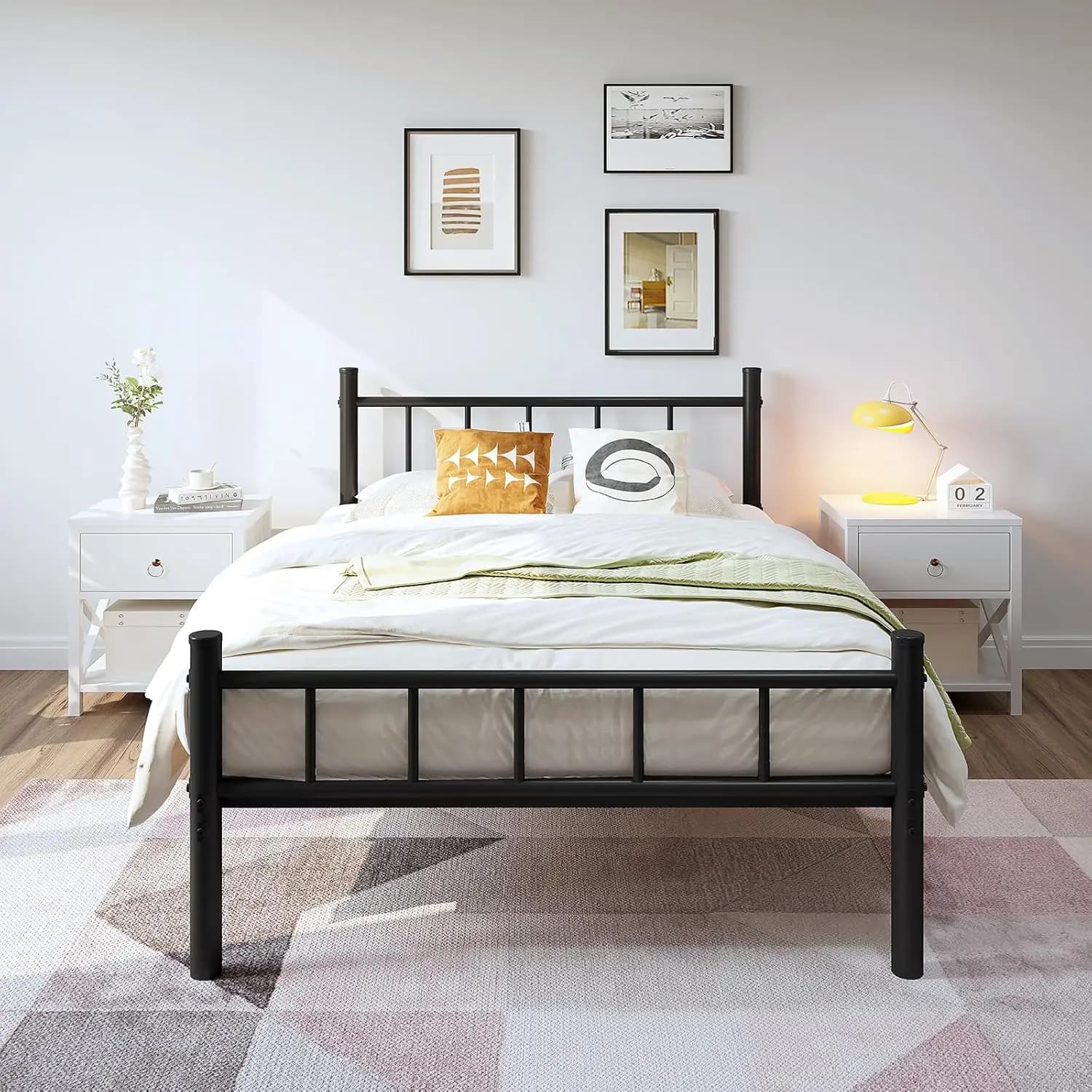 Metal double bed frame with headboard and pediera Base mattress support with 14 inch metal platform with steel stick,