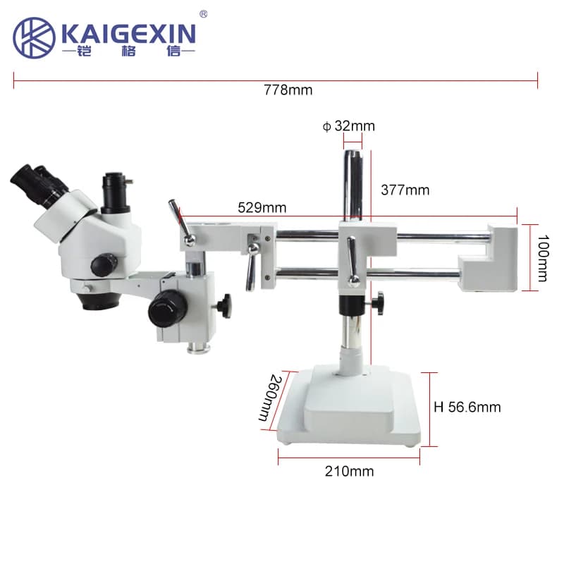 Kaigexin Microscopio con zoom stereo simul-focale, supporto con braccio doppio, braccio lungo, 10HW, 7X-45X