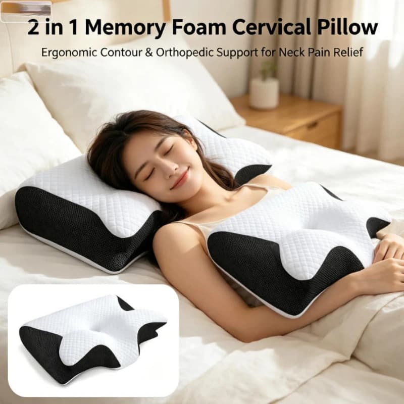 Cuscino Cervicale 2 in 1 in Memory Foam, Ergonomico e Ortopedico per Alleviare il Dolore al Collo, Cuscino da Letto per Casa, 1 Pezzo