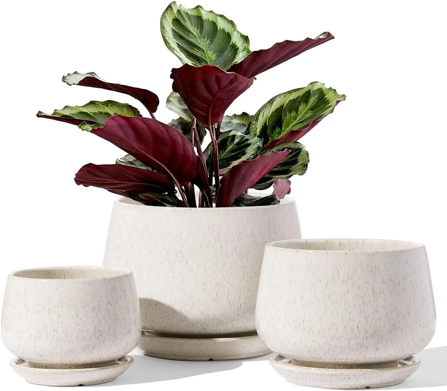 Set of 3 Ceramic Jars with Drainage and Subvase Holes, Indoor Flowers Vases in Reactive Gel Beige, Home Furniture Gifts