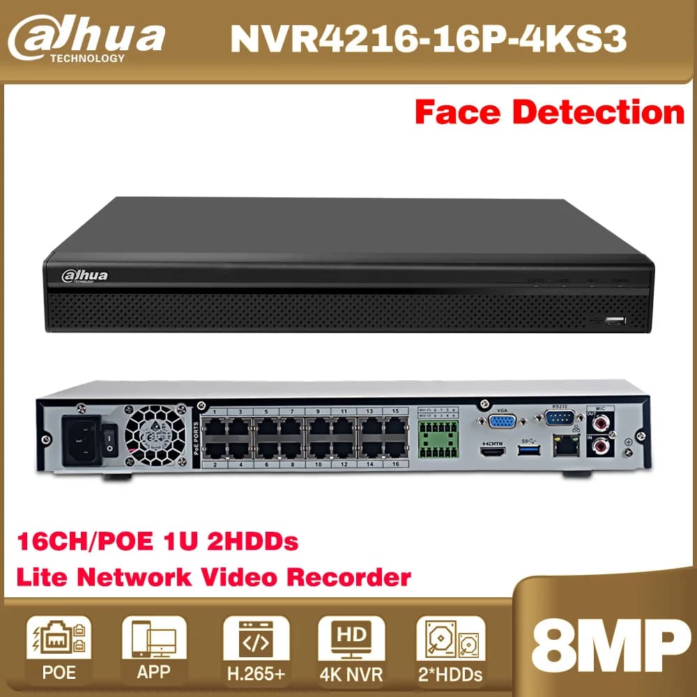 Originale Dahua NVR4216-16P-4KS3 16CH 1U 16PoE 2HDD Lite Videoregistratore di rete AI tramite Registratore supporta SMD Plus a 4 canali
