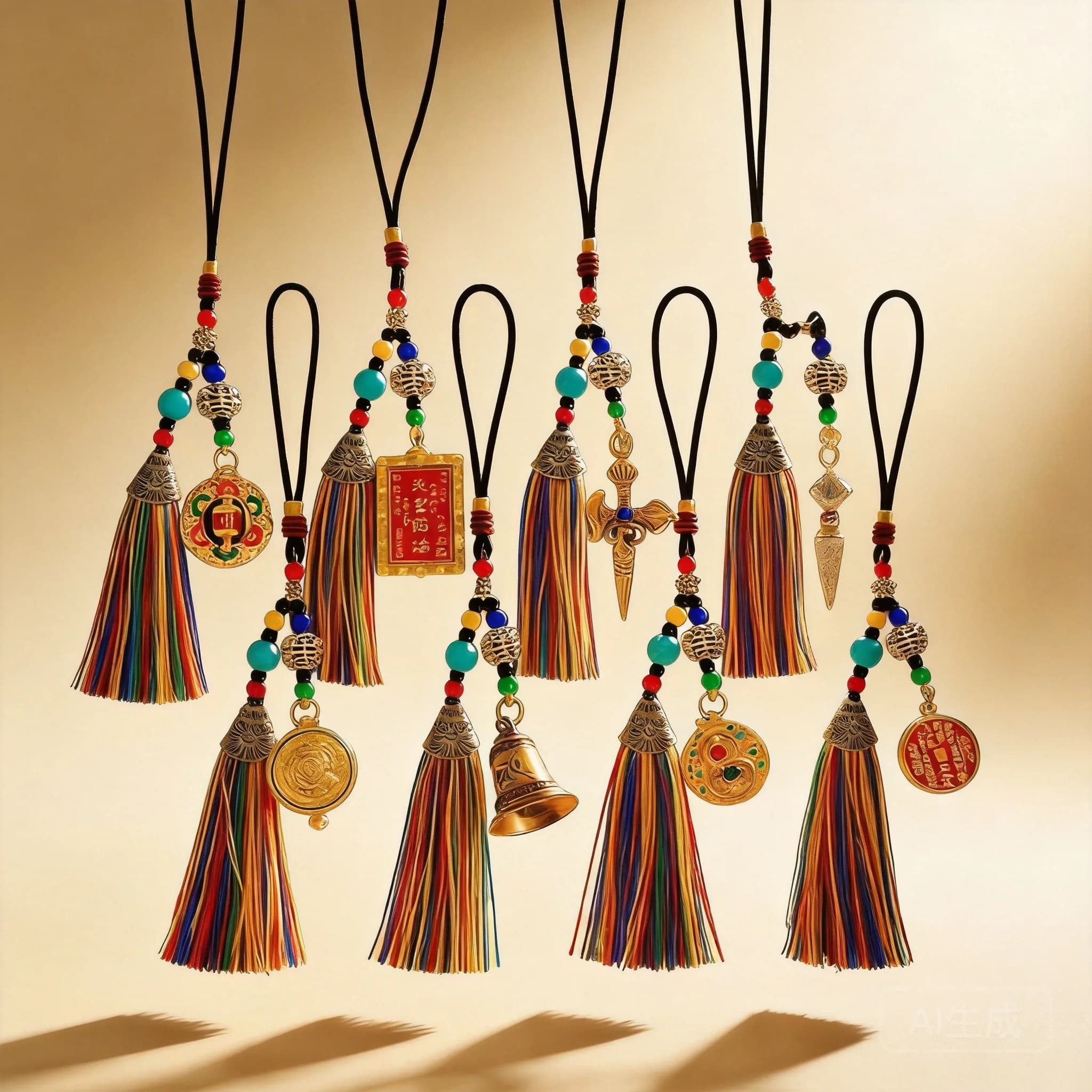 Chinese Traditional Tibetan Style Five Way God Of Wealth Colorful Tassel Bell Hanging Ornament Lucky Blessing Wealth Attracting