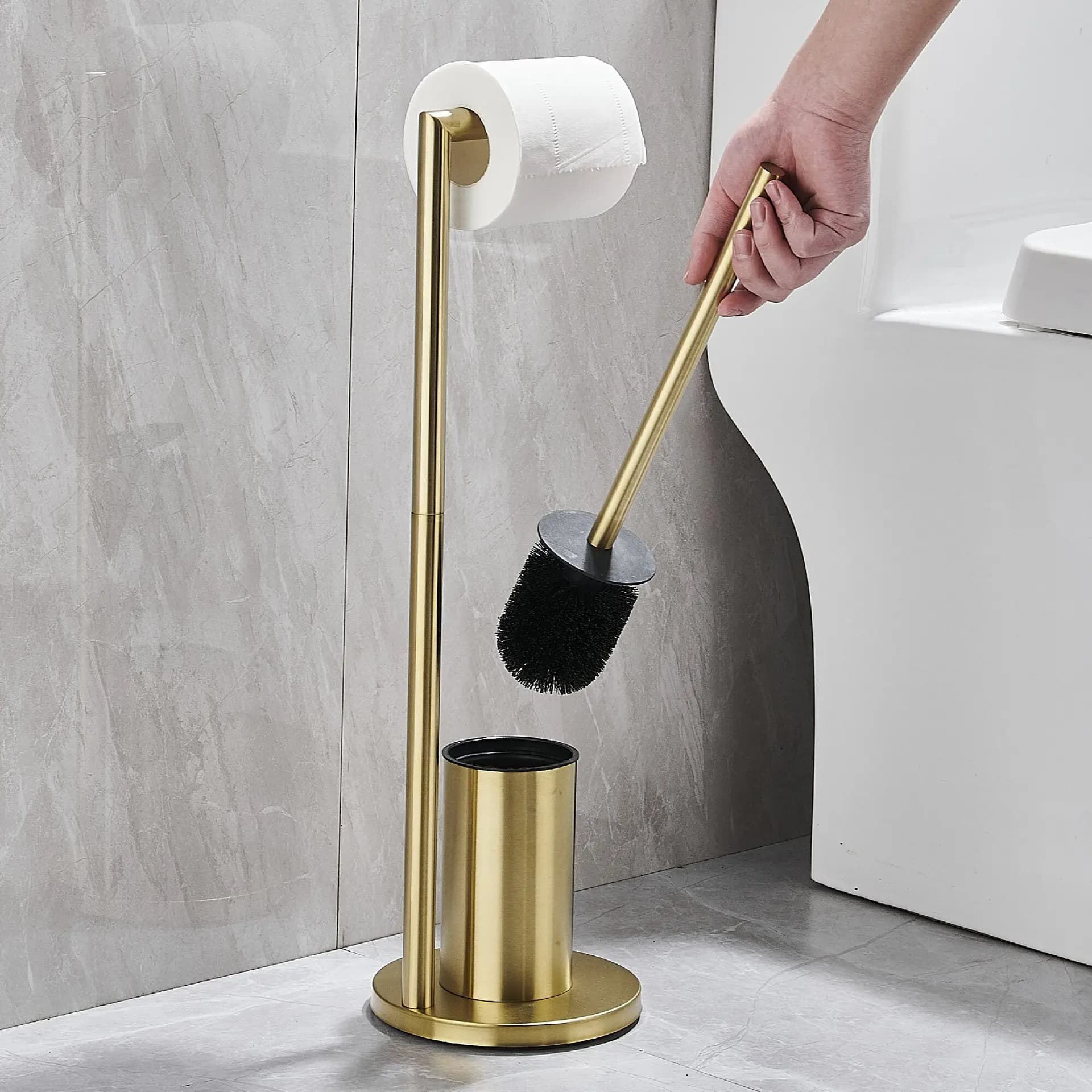 Portascopino WC da terra nero, bianco e oro con porta carta igienica in acciaio inossidabile 304, porta salviette e carta igienica da terra