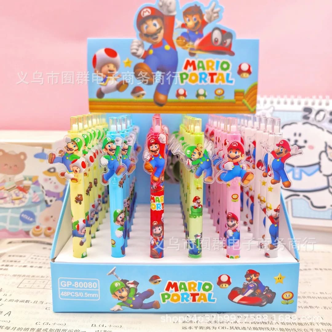 6/48 Pezzi Penne Gel Super Mario, Penne a Pressione con Patch Cartoon, 0.5 mm Nere, Cancelleria per Ufficio, Strumenti di Scrittura, Regalo