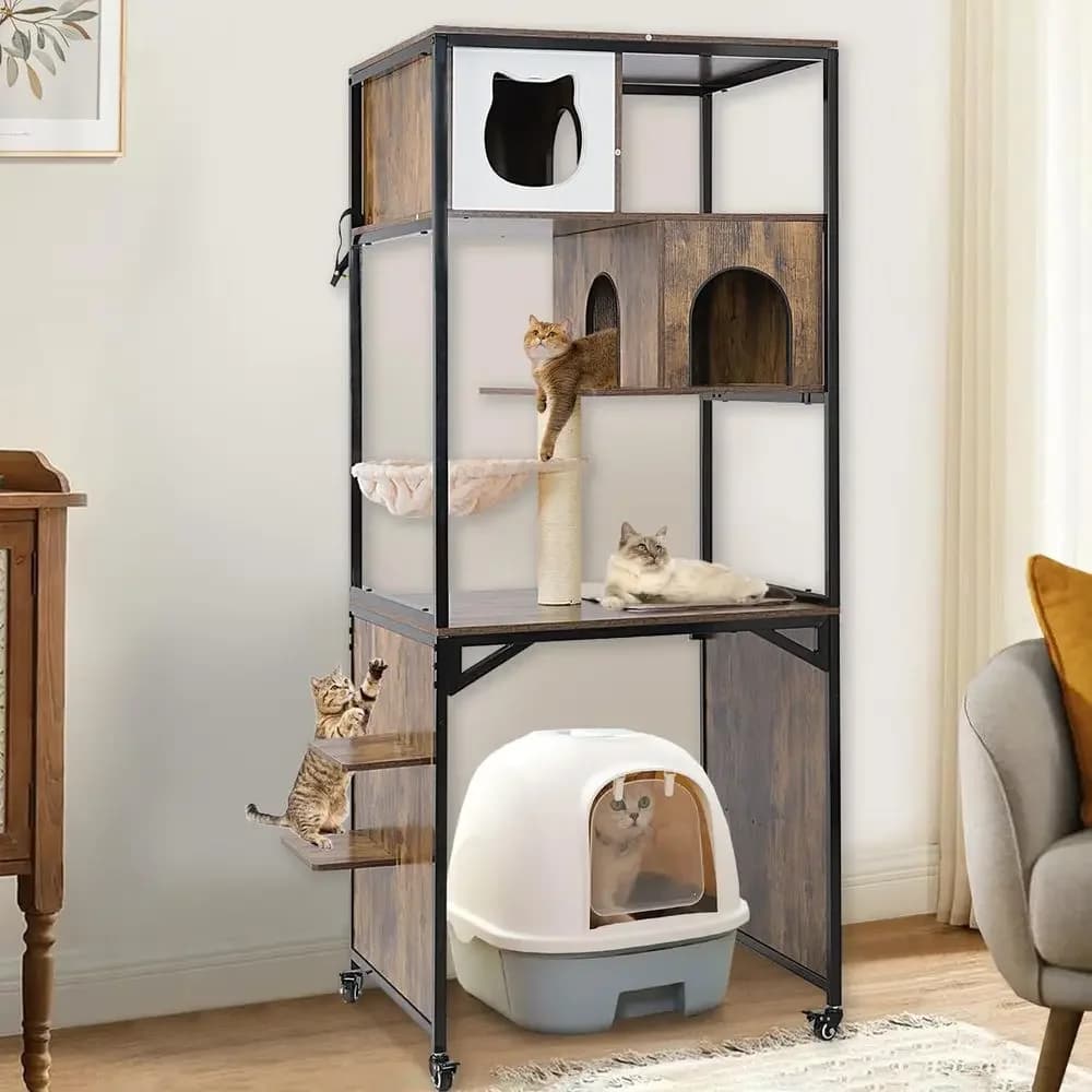 Wooden Cat Tree with Hidden Litter Enclosure, Indoor Cat Condo, Hammock, Scratching Mat, Storage Shelves - Medium Brown with Whe