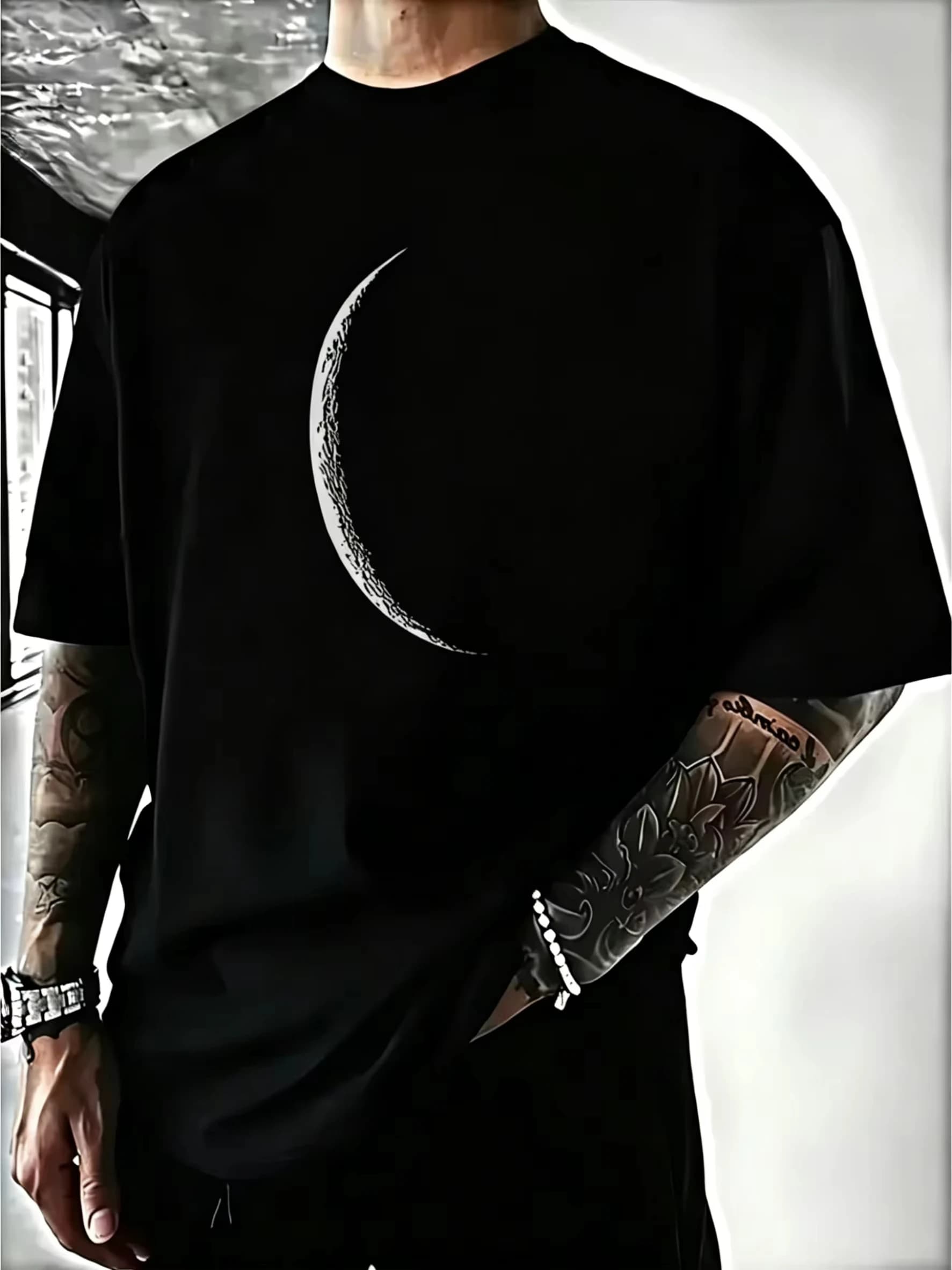 Men's Black T-shirt Made of Cotton, with A White Crescent Pattern - Blackshort-sleeved Clothing Summer Nightclub Attire