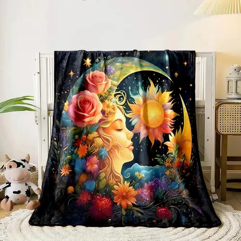 Coperta stampata con arte astratta di luna, sole e fiori, multiuso per tutte le stagioni per pisolino, campeggio, viaggio, divano per auto, regali di lusso