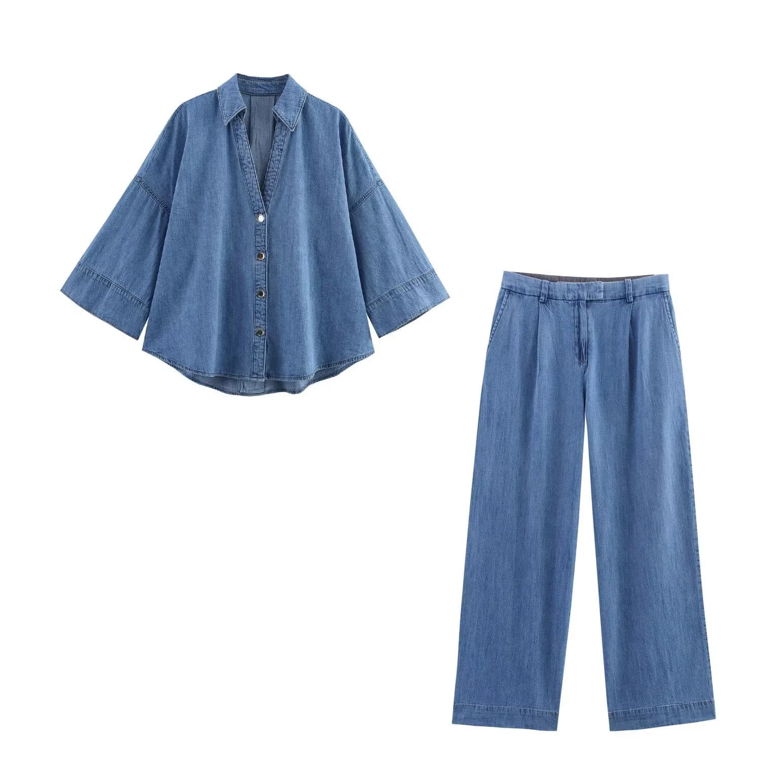 Nuova camicia di jeans casual semplice a maniche larghe da donna Jeans casual a gamba larga pieghettati a vita alta