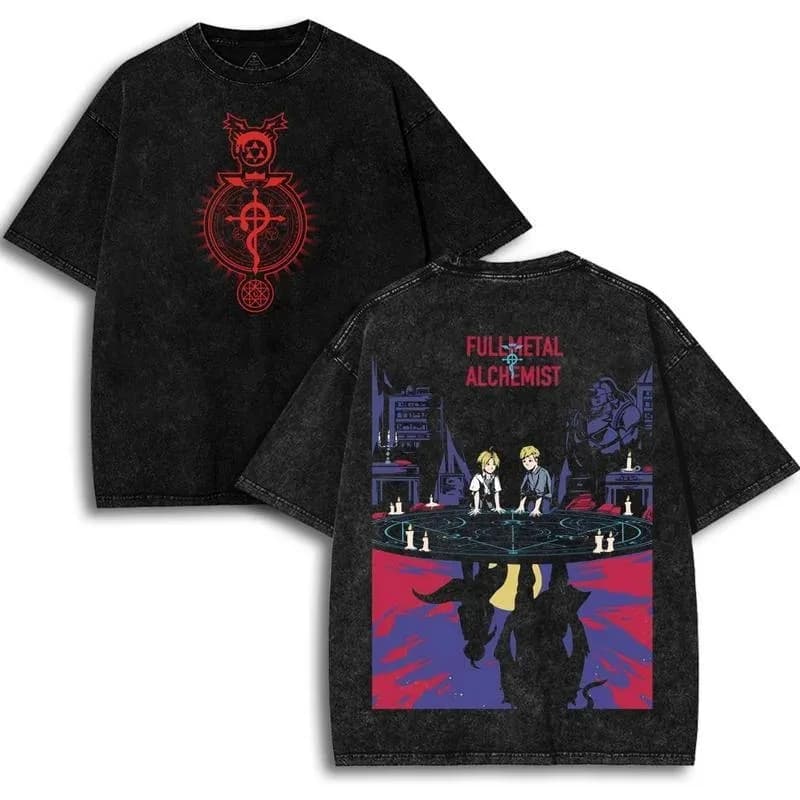 T-shirt Unisex Oversize Lavata a Tema Anime Fullmetal Alchemist, Adatta per Tutte le Stagioni, Abbigliamento Personalizzato per Coppie