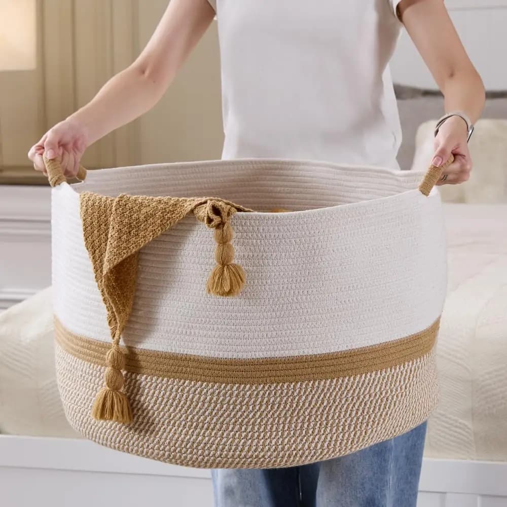 Cesto portaoggetti di lusso extra large per cameretta, cesti in corda di cotone 100% con manici, cesto per coperte, giocattoli, cuscini