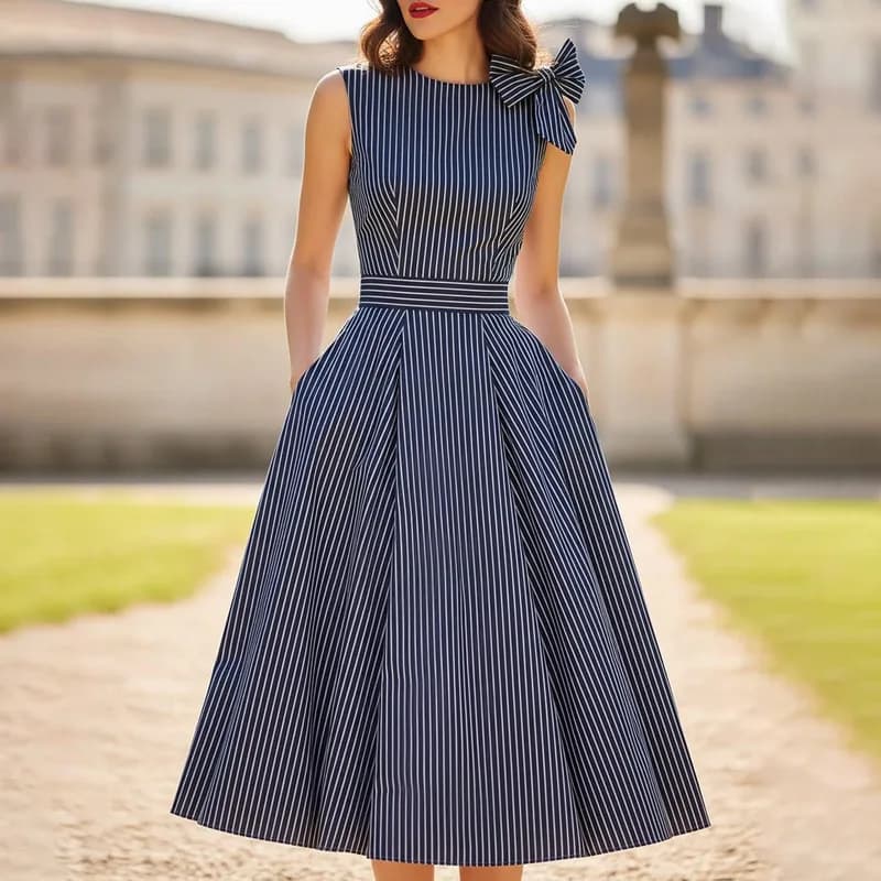 Retro Striped Dress High Waist round Neck Long Casual Gown Women's Fashionable Midi Skirt Polyester Fiber Sleeveless A-Line