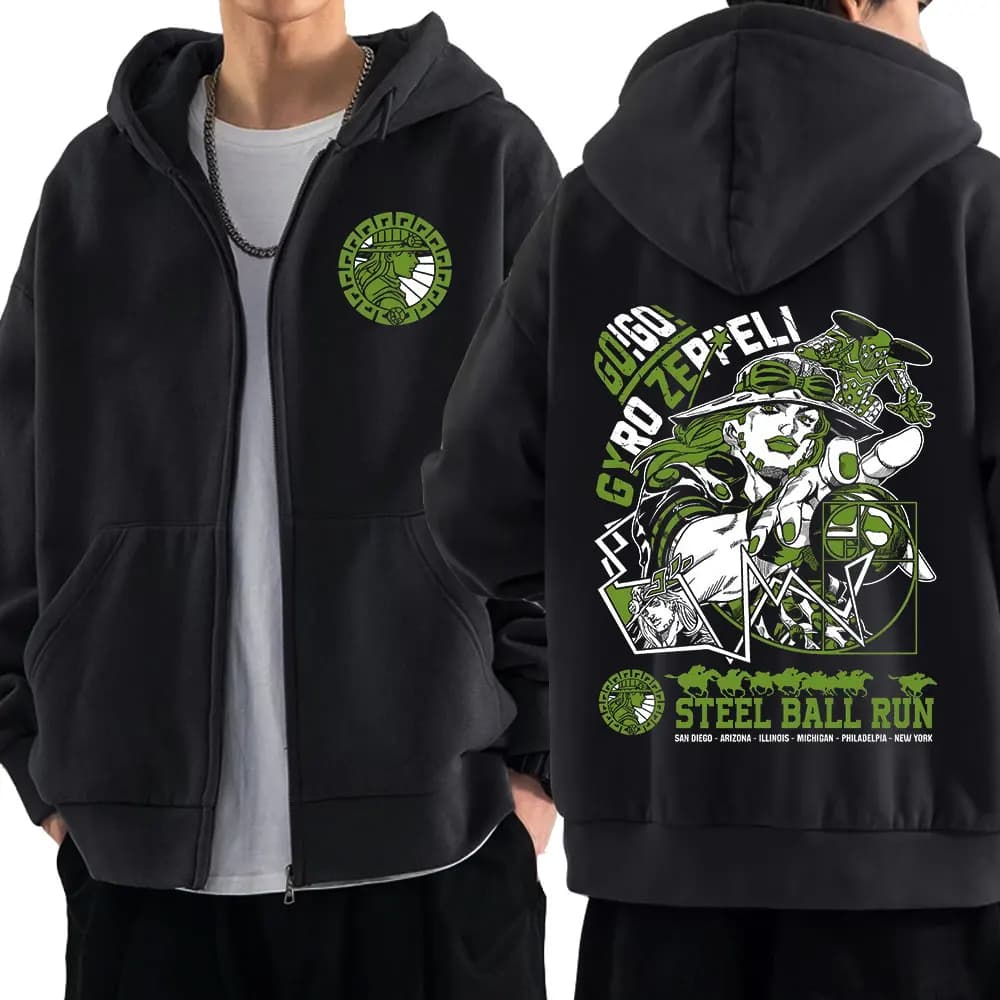 Anime Jojo Bizarre Adventure Felpe con cerniera Gyro Zeppeli STEEL BALL RUN Manga Zip Up Felpe con cappuccio Uomo Casual Pullover Cappotto