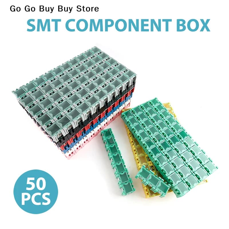 Set da 50 Pezzi Contenitori per Componenti Elettronici SMD SMT, Mini Scatole di Stoccaggio, Organizzatore per Componenti PCB, Scatole con Chiusura Automatica per Gioielli